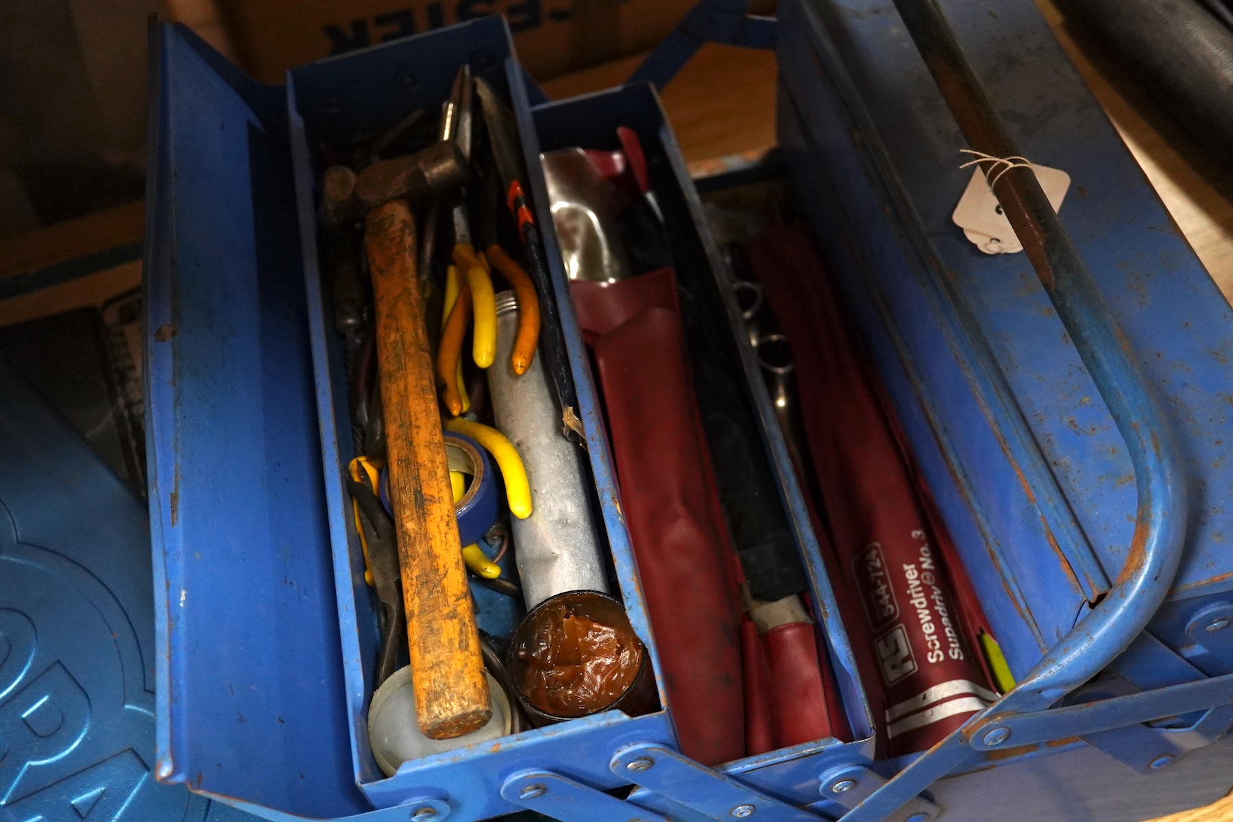 Two double-sided storage cases of valves for radio and television, etc. manufactured by Mullard, Pinnacle, Ediswan, Mazda, Marconi, etc., most in their original card boxes, together with a collection of tools including t